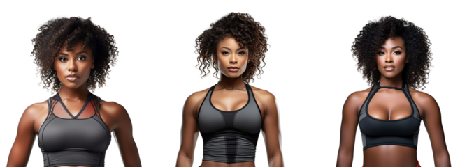 Set of gym outfits on a fitness black woman for display, Isolated on Transparent Background, PNG