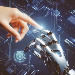 Robot Hand Human Technology AI Artificial creation. Human and robot hands touch with a futuristic backdrop resembling a circuit board