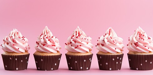 cupcakes with pink frosting are in a row on a pink background
