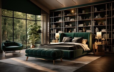 bedroom with dark green velvet upholstery and bookshelves