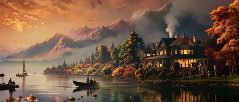 Beautiful and calm lakeside mansion and a boat on the lake ambience animation