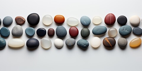 Beautiful round natural stones on a light background. View from above. Generative AI