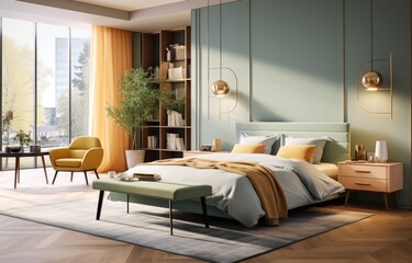 green master bedroom that looks like a contemporary hotel interior