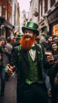 Happy man with a red beard. in green festive attire