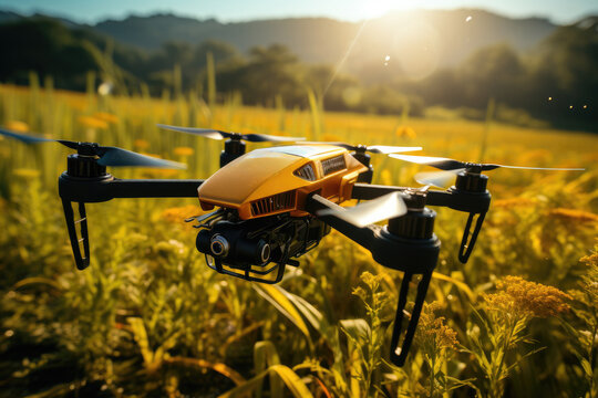 drone image flying over a rice field with a sunflower in background