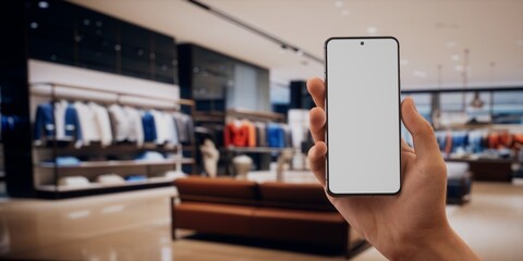 CU Caucasian male using his phone in vertical orientation, clothing store in bg
