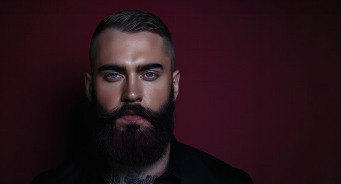 An image of a handsome bearded man on a dark background, close up shot with copy space.