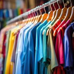Colorful and vibrant clothes hanging in a small business shop retail. Reduce Reuse Recycle concept. Good quality products - obrazy, fototapety, plakaty