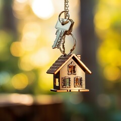 Real state. Keys hanging, keychain of a house, open house, home mortgage, realtor, new apartment, homeowner concept.