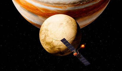 Clipper spacecraft on a flyby over Europas surface with Jupiter rising in the background. 3d rendering. Element of this image are furnished by Nasa © Naeblys