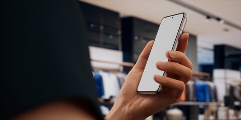 CU Caucasian male using his phone in vertical orientation, clothing store in bg