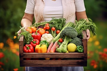 Fresh harvest of vegetables from her garden in a wooden box against the backdrop of the vegetable garden, a young girl holds a box with vegetables - obrazy, fototapety, plakaty