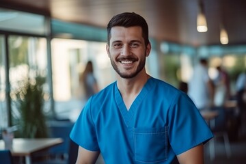 Young smiling doctor or nurse in blue uniform close-up, portrait of a smiling doctor in clinic looking at camera