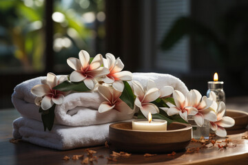 Fototapeta na wymiar The gentle glow of a candle illuminates a peaceful arrangement of fresh plumeria flowers on soft, fluffy towels, invoking the essence of a luxurious spa experience