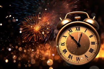 Fototapeta na wymiar alarm clock strikes midnight against a sparkling backdrop of fireworks and bokeh lights, capturing the excitement of New Year's Eve
