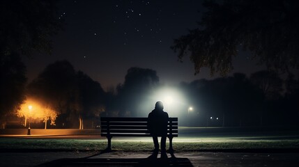 A person sitting alone on a bench at night, contemplating the darkness. - obrazy, fototapety, plakaty