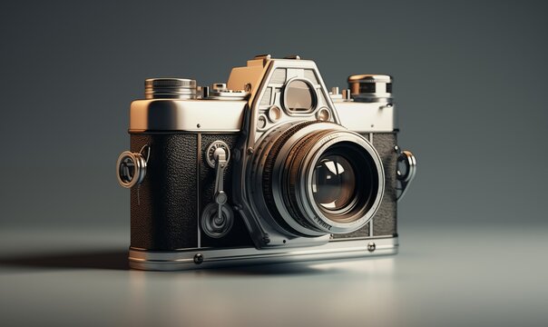 Retro camera on a grey background. 3d rendering toned image