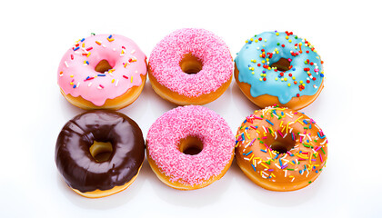 Fototapeta na wymiar Sweet donuts with sprinkles on white background.