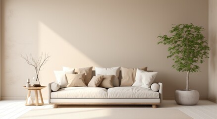 room interior design with beige couch on white background