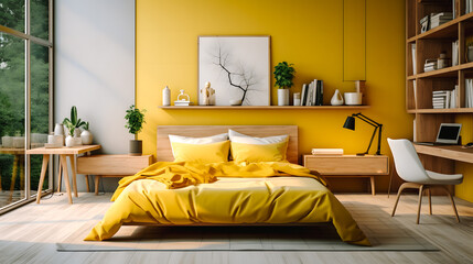 Chambre  au décor contemporain avec une touche de jaune - obrazy, fototapety, plakaty
