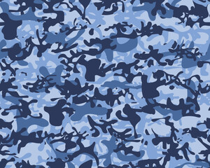 Military Camo Print. Seamless Vector Background. Blue Repeat Pattern. Vector Abstract Camouflage. Navy Camo Paint. Army Sea Grunge. Modern Sky Pattern. Blue Cloud Camouflage Seamless Brush.