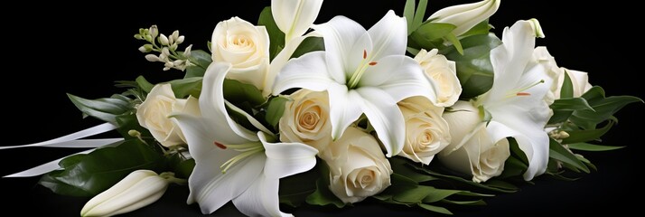 Farewell ceremonial funeral bouquet of white lilies on a dark background, banner