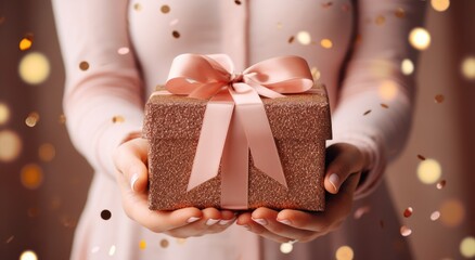 women's hands holding a pink gift box