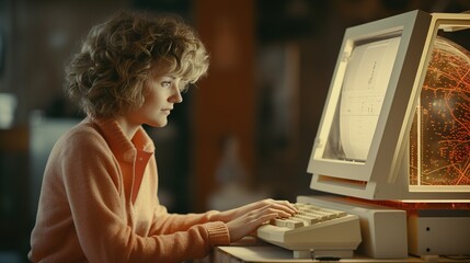 young woman from the eighties at an old computer, a girl in a peach sweater with a 1985 hairstyle. High quality photo