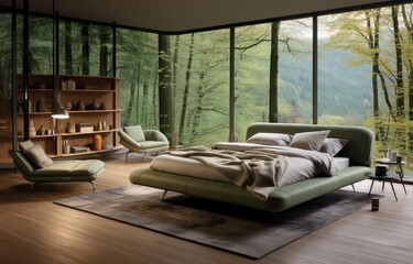 wood floor bed in a green bedroom