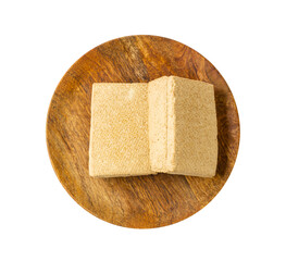 Tofu Cheese Isolated, Smoked Vegan Cheese Slice, Sliced Soya Bean Curd, Soy Protein or TSP