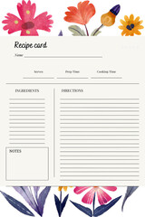 Blank Recipe Book Printable Template, Blank Pages Sheet Organizer Binder, recipe paper flowers backgrounds
