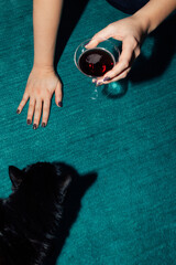 woman holding cocktail, squatting down to pet black cat on teal rug