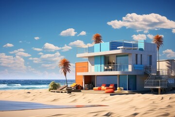 Modern house on the seashore, palm trees near the house along the sandy beach