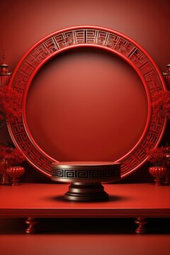 Chinese New Year Mockup Podium For Product Display On Red Background