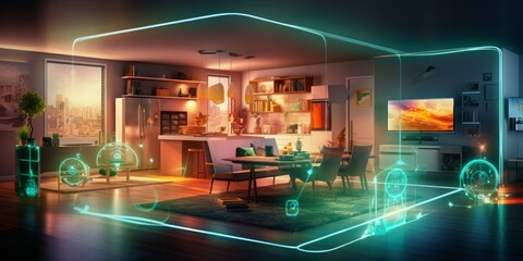 IoT Smart Home Unleashes Innovation with 5G Router Linking Refrigerator, Vacuum Cleaner, and Electric Parts in an Overlay WLAN System - obrazy, fototapety, plakaty