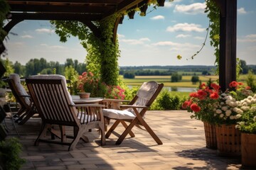 Cozy terrace in your home, summer relaxation at home with a cup of coffee on a comfortable chair near the table