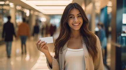 Happy teenager girl holding a credit bank card in her hand against a mall background. Favorable debit plastic card service for teenagers, students and schoolchildren.