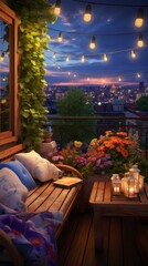 Fototapeta na wymiar A cozy warm evening after work on your roof overlooking the sleeping city, a terrace with a comfortable sofa and lights and table lamps