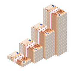 Isometric stacks of 50 Euro banknotes rising up graph. Big pile of money. Cash flow stairs. Notes are growing. Business concept. Vector illustration