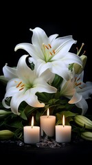 Funeral card, white lilies and burning candles on a black background