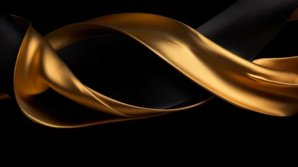 Foto op Plexiglas Ruban effet flou et texturé, vague en mouvement, doré et noir sur fond noir. Pour conception graphique, bannière. © FlyStun