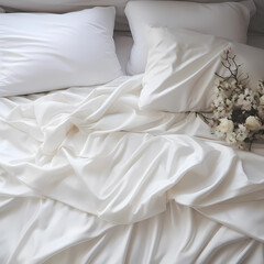 Fototapeta na wymiar White sheets with pillows in the room, aesthetic photo, professional photo, bloggers photograph 