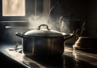 The pot is rising on some steam on an empty. A pot on a stove with steam coming out of it