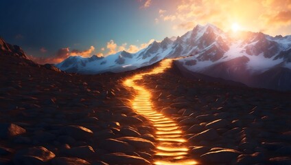 A trail of glowing footprints leading up a mountain to a radiant sun depicts the journey towards enlightenment. Generative AI