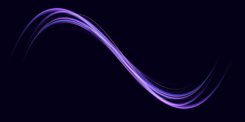 Light trail wave effect. Abstract motion lines, glowing headlights and optical fiber, PNG glow curve swirl, road car headlights and glowing white speed lines on a swirl light on the road.