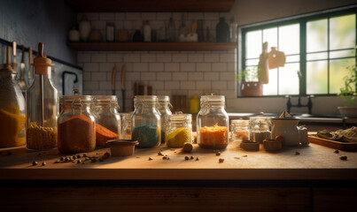 Fototapeta na wymiar Vintage kitchen stock photo image of spices. A wooden table topped with jars filled with food