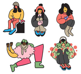 set of characters in winter clothes in doodle style in vector. People at winter.Template for postcard illustration poster sticker