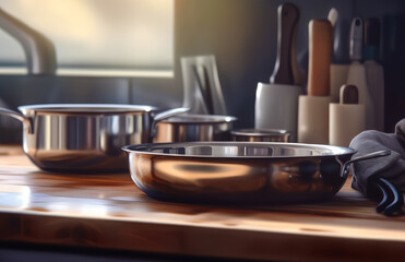 Wooden wooden kitchen counter. A wooden table topped with pots and pans