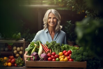 Fresh harvest of vegetables from her garden in a wooden box against the backdrop of the vegetable garden, a 50-year-old woman holds a box with vegetables