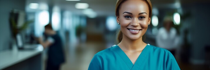 Woman doctor or nurse in a blue uniform close-up, portrait of smiling doctor, banner